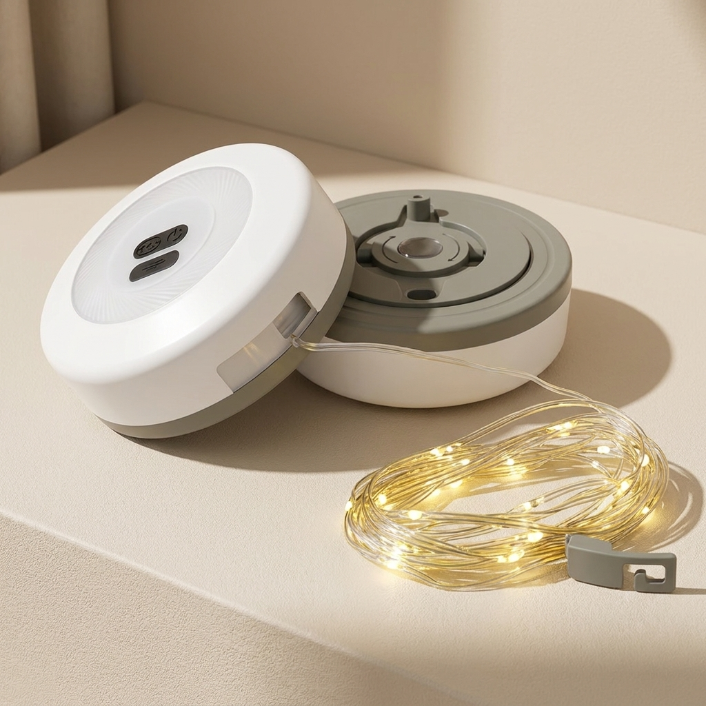 A set of round white and gray decorative string lights, shown with one light turned on and emitting a warm yellow glow, resting on a beige surface.