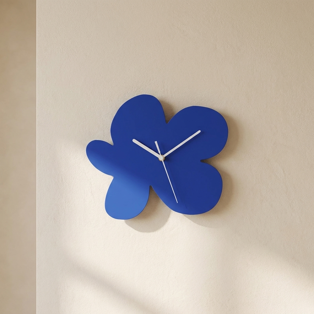 A modern blue flower-shaped wall clock with white hands, mounted on a warm beige textured wall.