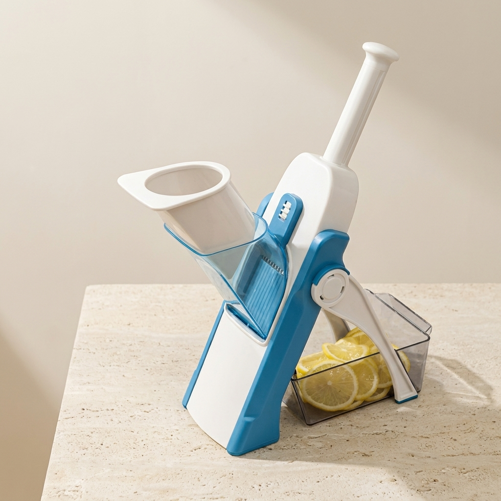 A kitchen mandoline slicer with a white and blue plastic body, shown standing on a light stone countertop with sliced lemons in a clear collection tray.