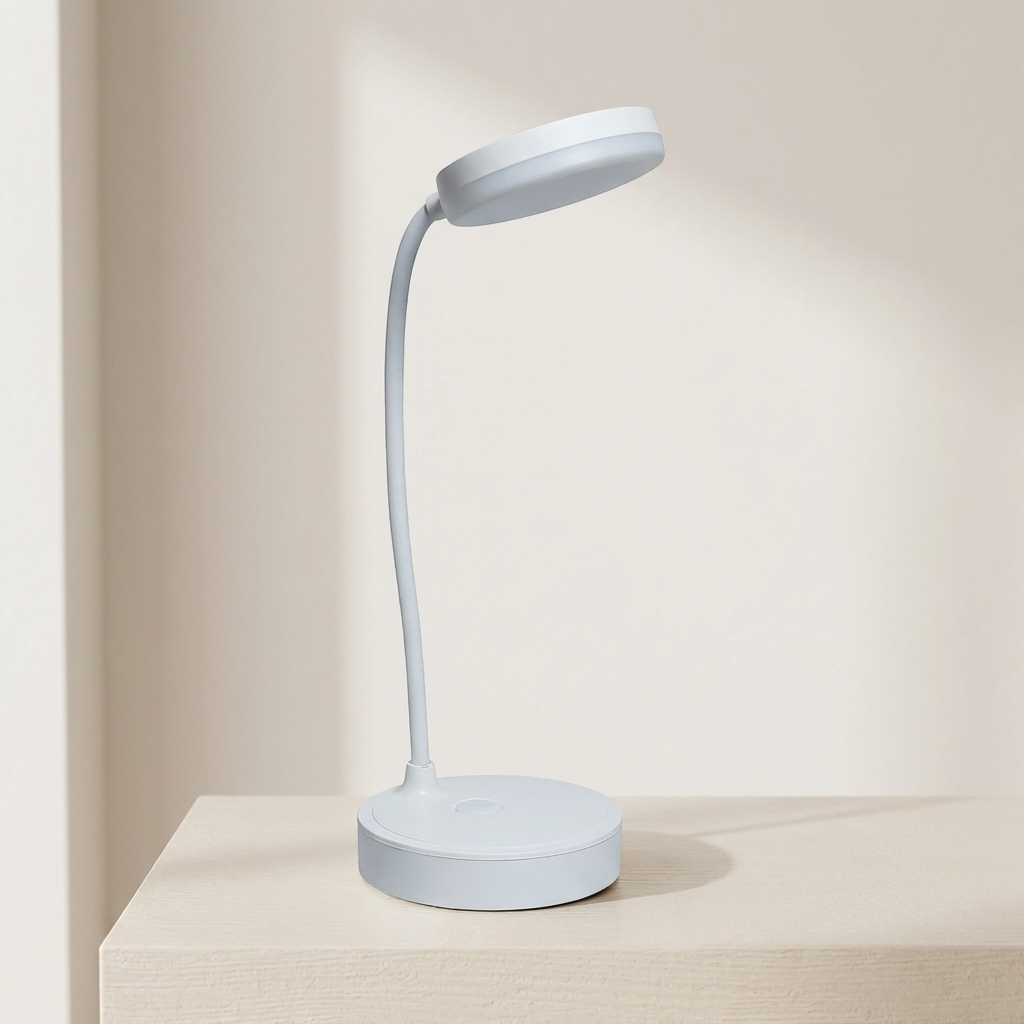 A modern, minimalist table lamp in a very light pastel blue-gray color, featuring a circular base and a flexible gooseneck arm ending in a flat, disc-shaped shade. It is shown resting on a light beige wooden surface against a matching beige wall, casting a soft shadow.