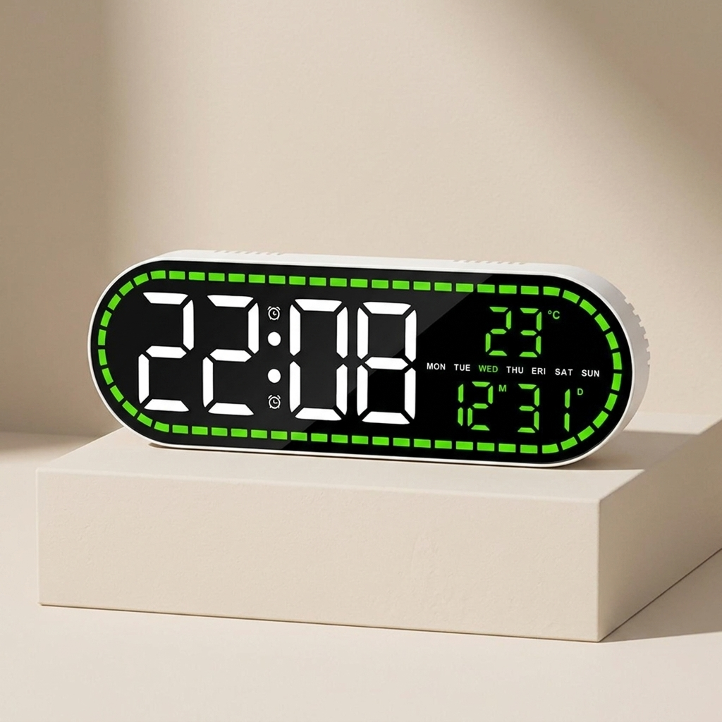 A digital alarm clock with a black face, white LED numbers, and a green dotted border, displayed on a cream-colored pedestal against a warm beige background.