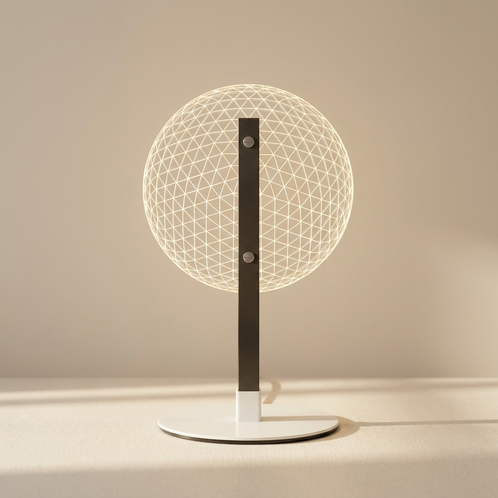 A modern table lamp with a glowing spherical wireframe globe on a slim dark vertical stem and a round white base, set against a warm beige background.