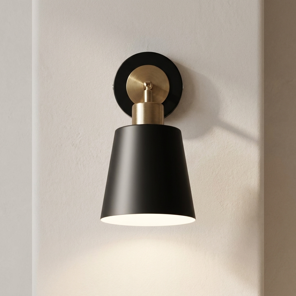 A modern wall sconce light fixture with a matte black cone-shaped shade, a black round wall plate, and a brushed gold neck, mounted on a textured off-white wall.