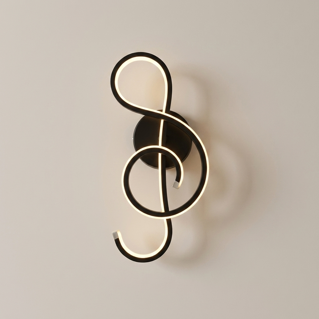A modern wall-mounted light fixture shaped like a treble clef, with glowing white illuminated tubing and a matte black metal base and circular backplate, shown against a plain light gray wall.
