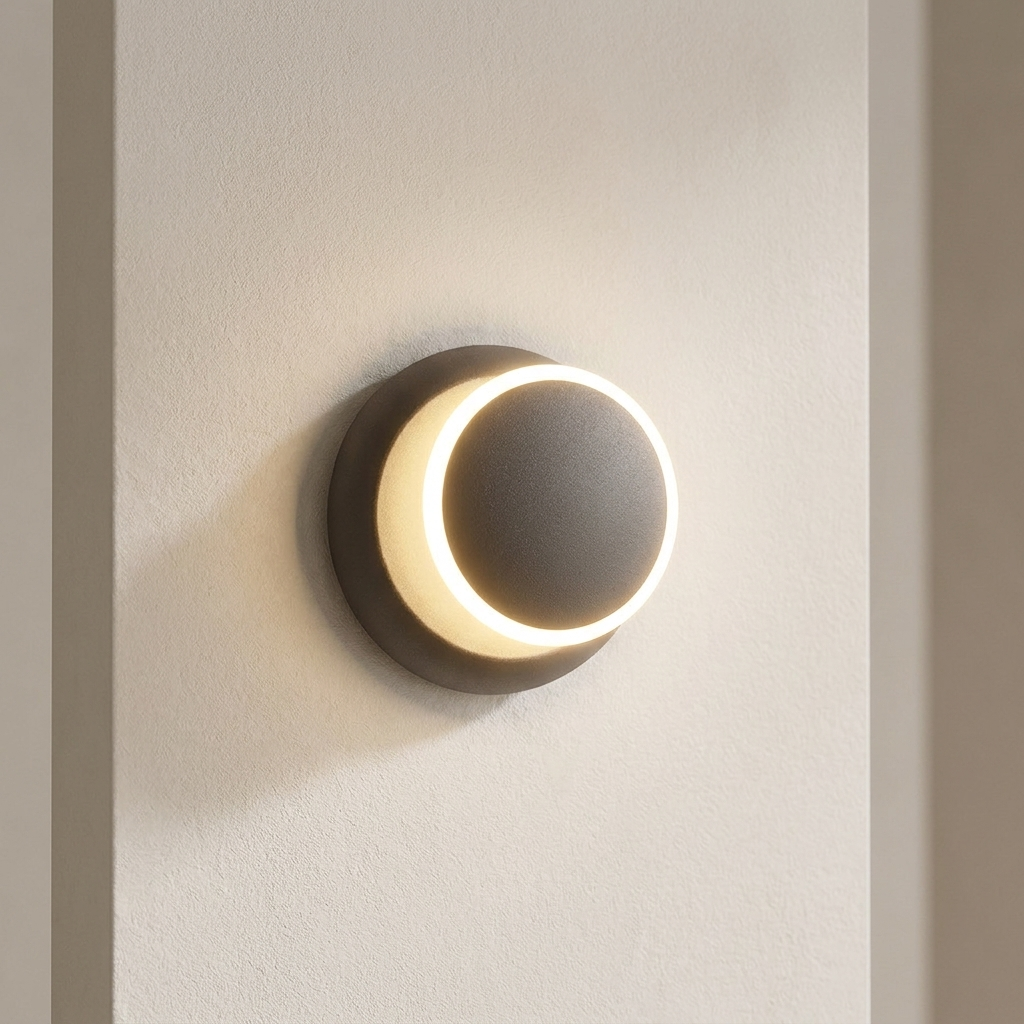 A modern circular wall sconce light fixture with a matte dark gray outer shade and a glowing warm white illuminated inner ring, mounted on a textured off-white wall.