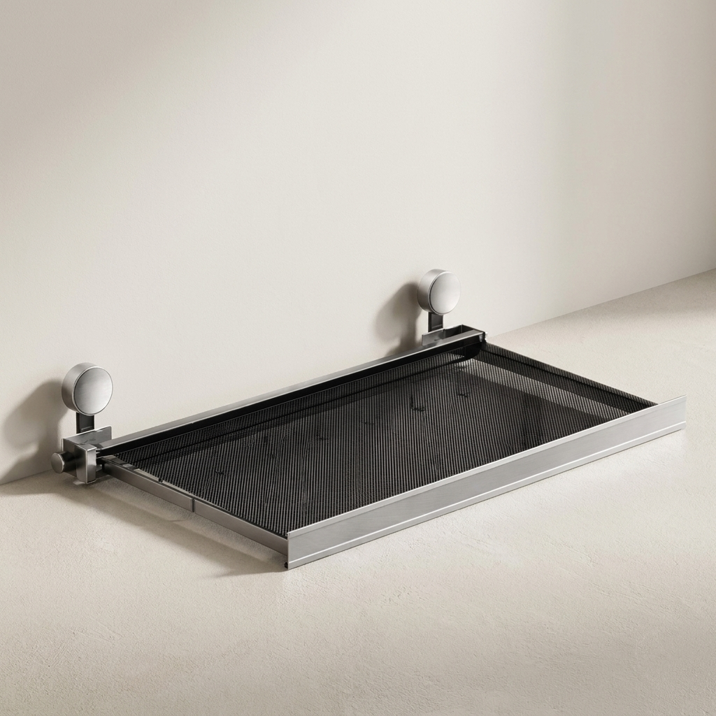 A modern wall-mounted retractable mesh shelf with a silver metal frame and white spherical wall mounts, shown partially extended against a minimalist off-white wall and floor.
