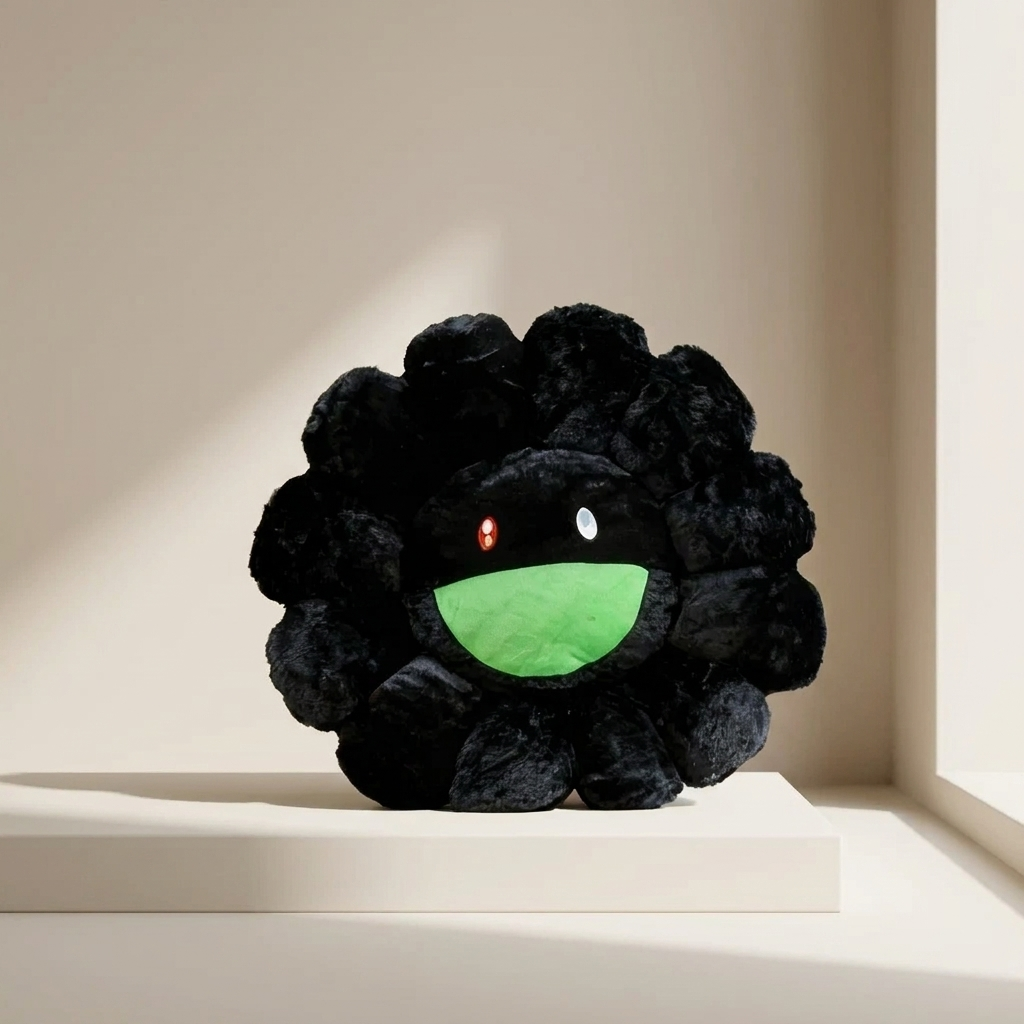 A black plush monster toy with a bright green mouth and small red and white eyes, sitting on a white platform against a beige background.