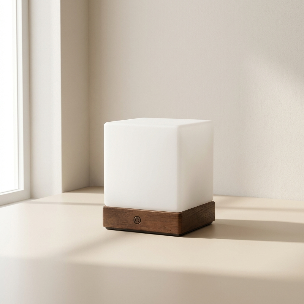 A modern cube-shaped table lamp with a frosted white glass shade and a dark brown wooden base, set on a light beige surface in a minimalist room corner.