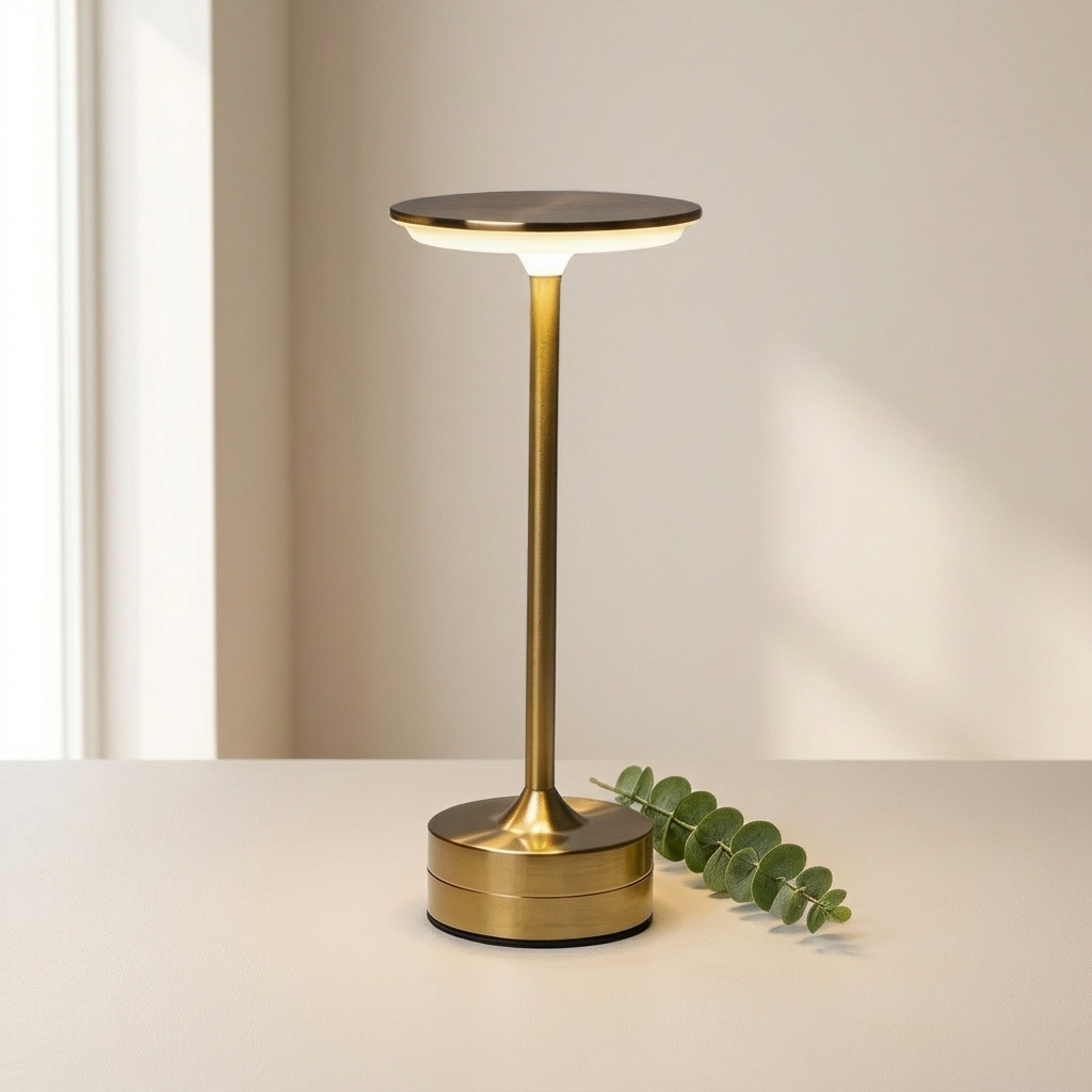 A modern table lamp with a slim gold-finished stem, a round dark top, and a glowing white diffuser, placed on a light surface with a small green eucalyptus sprig beside it.