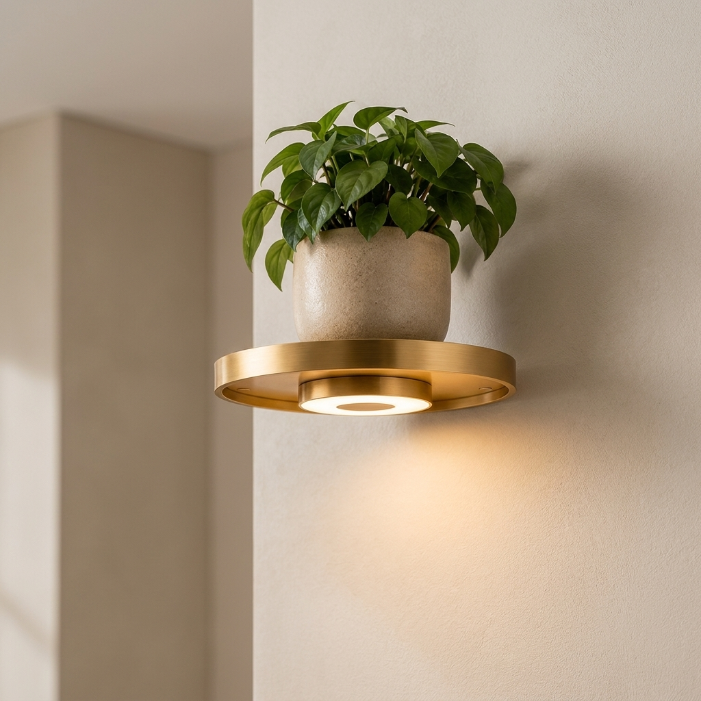 A modern wall-mounted circular light fixture in brushed gold, holding a small potted green plant against a warm beige wall. The light is turned on, casting a soft glow downward.