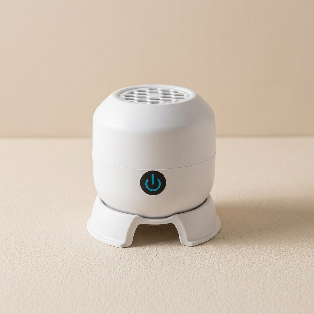 A small white cylindrical electronic device with a power button icon on the front, standing on a matching white base against a warm beige background.