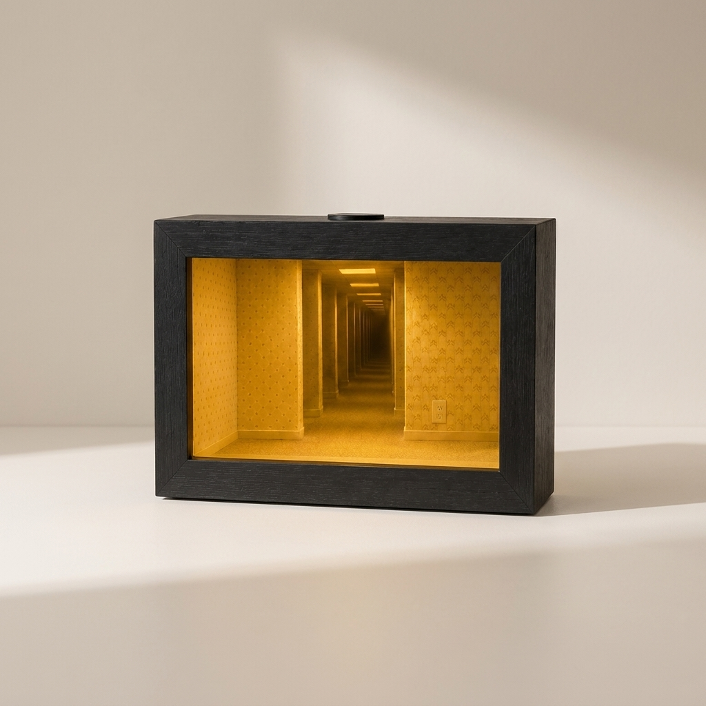 A rectangular black shadow box lamp featuring a glowing yellow miniature hallway interior, set against a warm beige background with soft shadows.