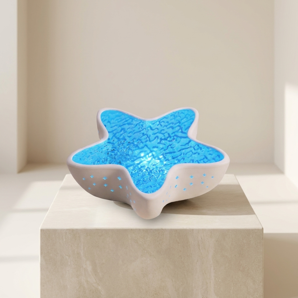 A star-shaped decorative bowl or dish with a textured blue interior and a white exterior, displayed on a beige pedestal in a softly lit indoor setting.