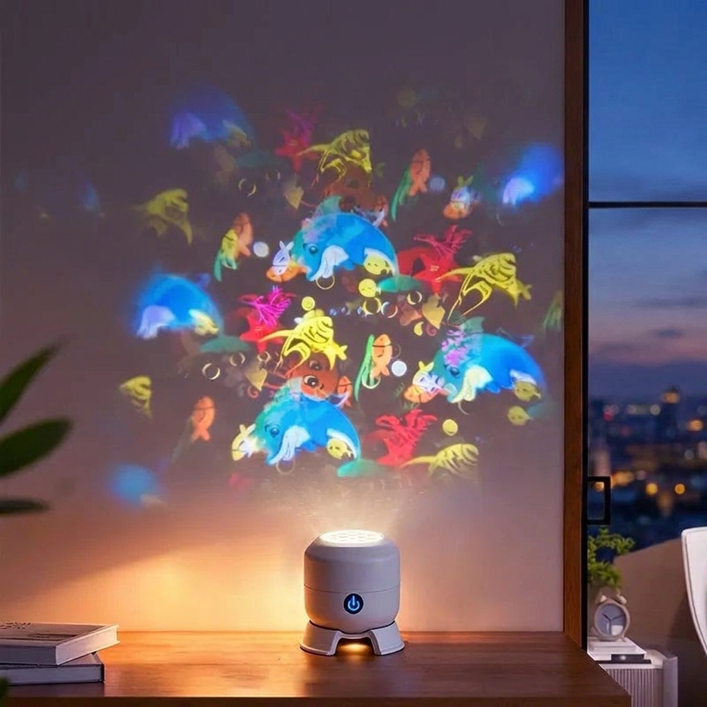 A small cylindrical projector lamp sits on a wooden table, casting a colorful underwater scene with fish and sea creatures onto the wall above. The room setting includes a window view of a city skyline at dusk.
