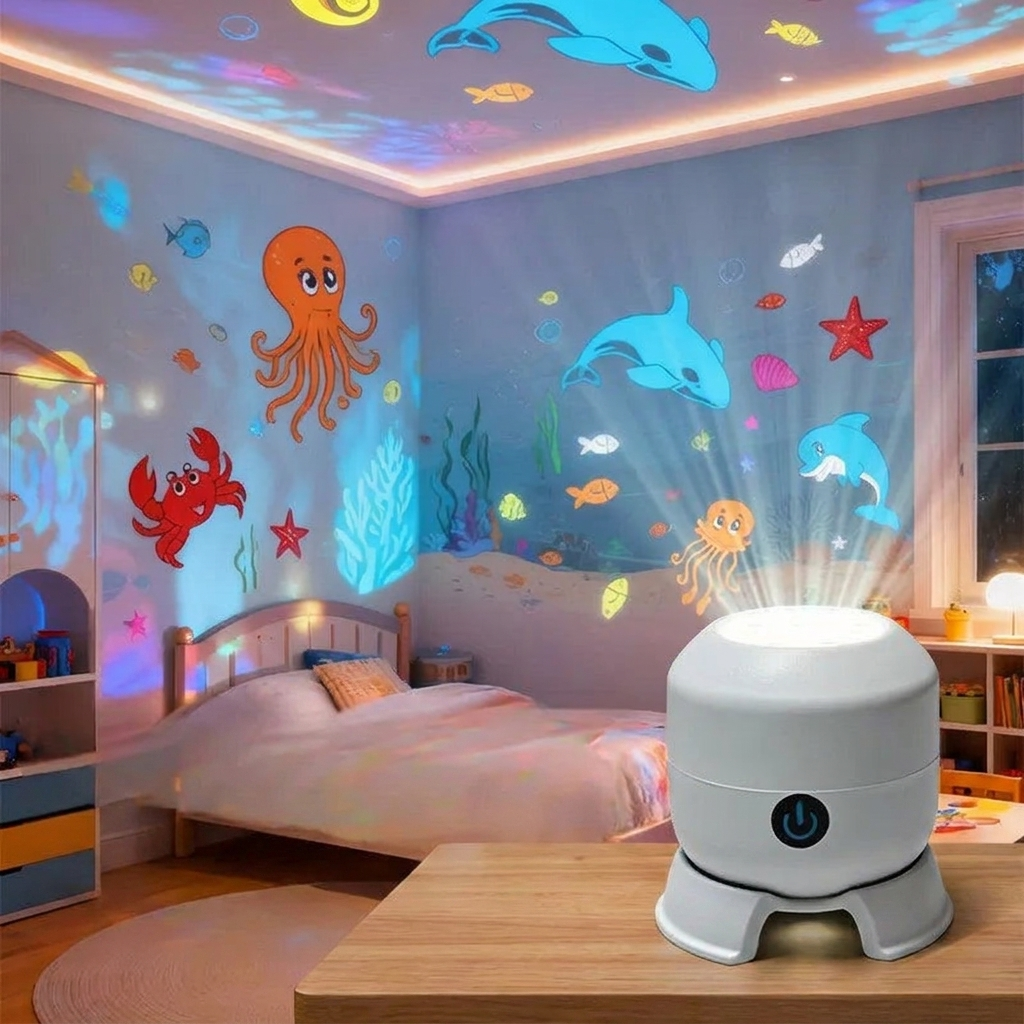 A white dome-shaped projector sits on a wooden table in a child's bedroom, projecting colorful ocean-themed wall decals and ceiling lights including dolphins, an octopus, fish, and starfish.