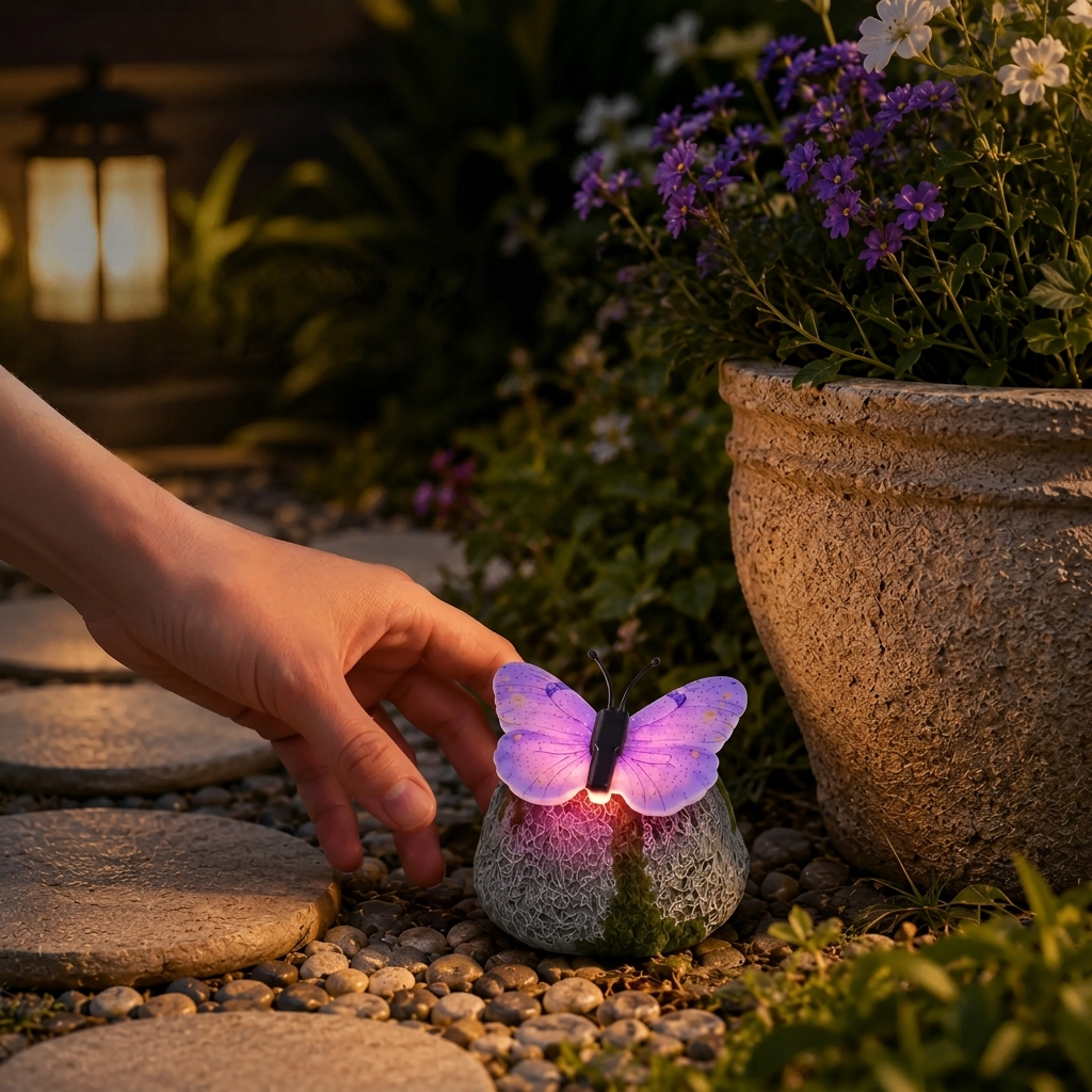 A hand reaches toward a small garden stone light shaped like a glowing purple butterfly, placed on a pebble path beside a large stone planter in a garden at dusk.