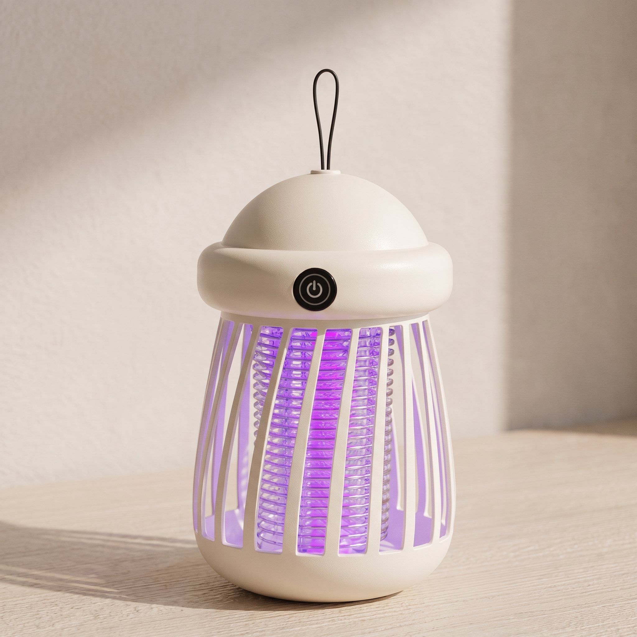 A modern electric mosquito trap light with a cream-colored dome-shaped body, a black hanging loop, and a glowing purple insect-catching grid, set on a light wooden surface against a neutral beige background.