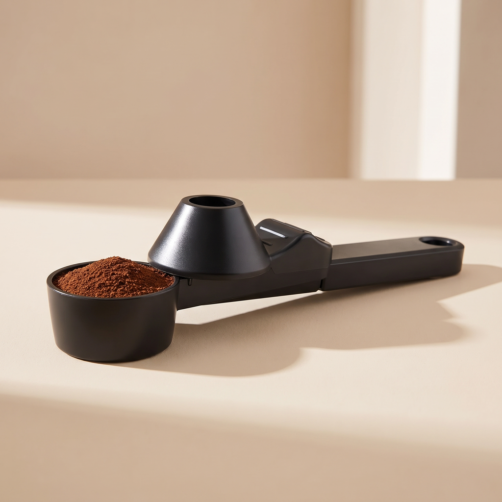 A matte black measuring scoop filled with brown ground coffee, shown on a warm beige surface with a softly lit background.