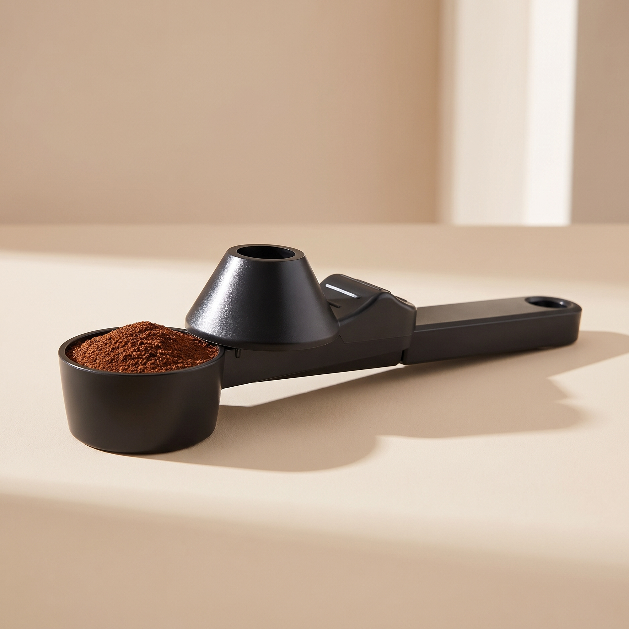 A matte black measuring scoop filled with brown ground coffee, shown on a warm beige surface with a softly lit background.