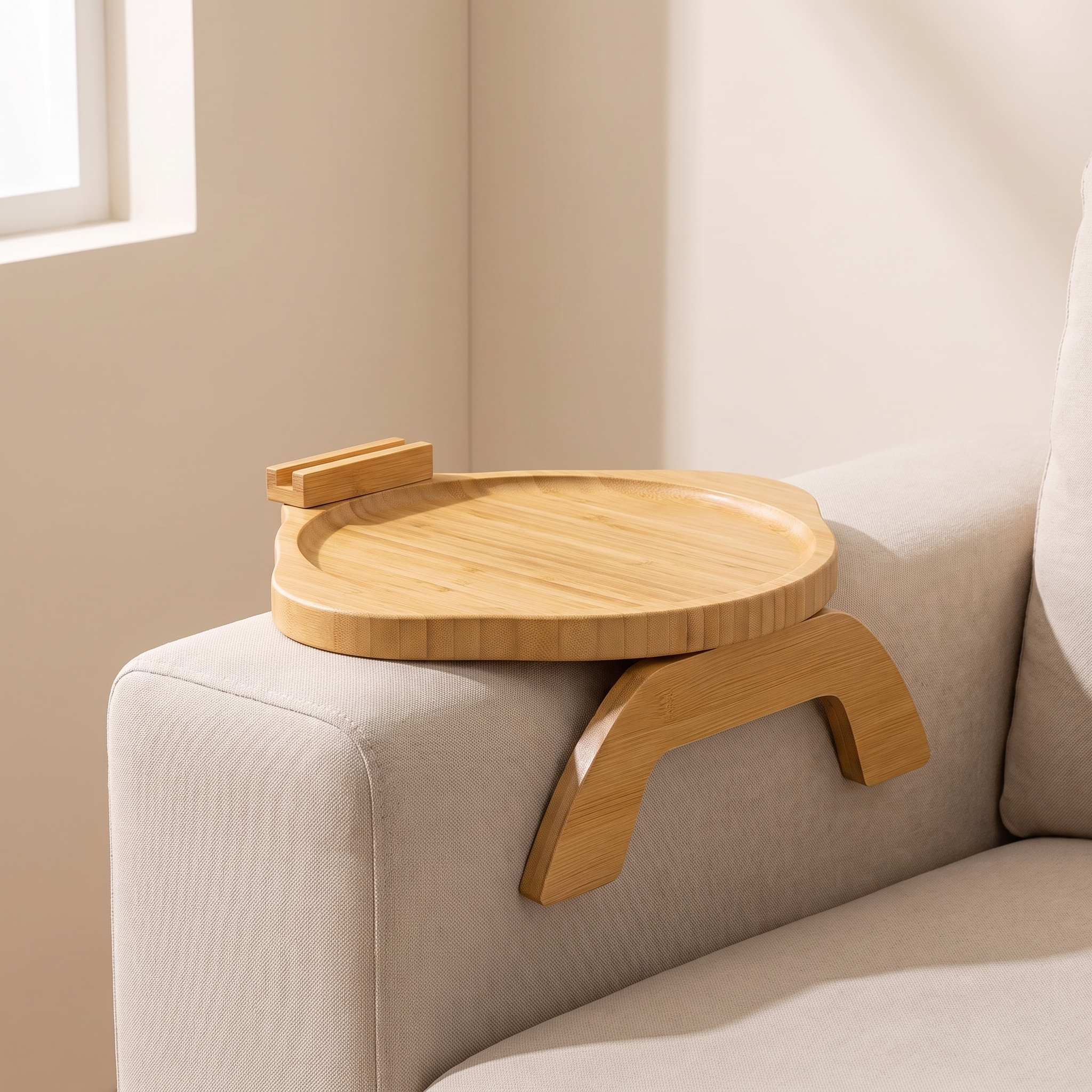 A light natural wood lap desk tray with curved legs and a small side hook, shown resting on the arm of a light beige sofa in a softly lit room.