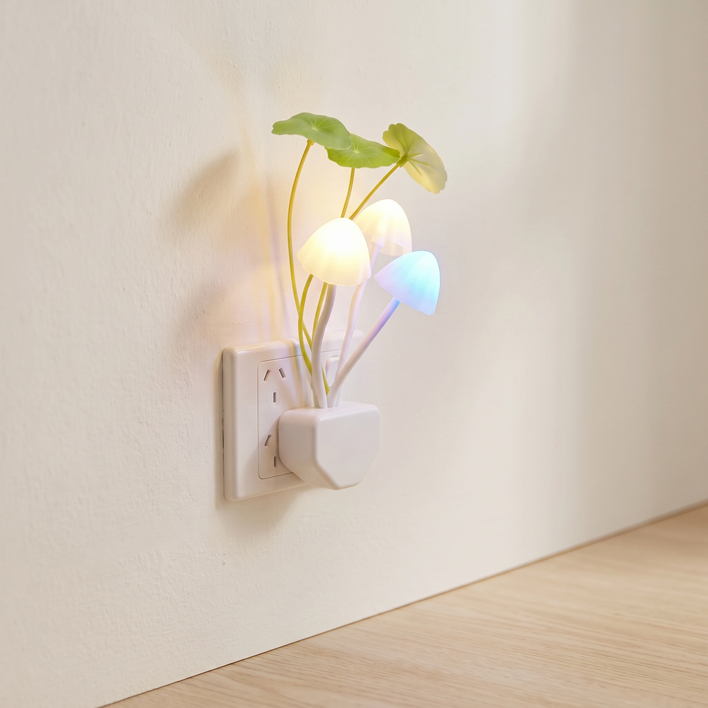 A wall-plugged night light shaped like a small plant with glowing mushroom-shaped bulbs in white, warm yellow, and blue, set against a beige wall and light wood floor.