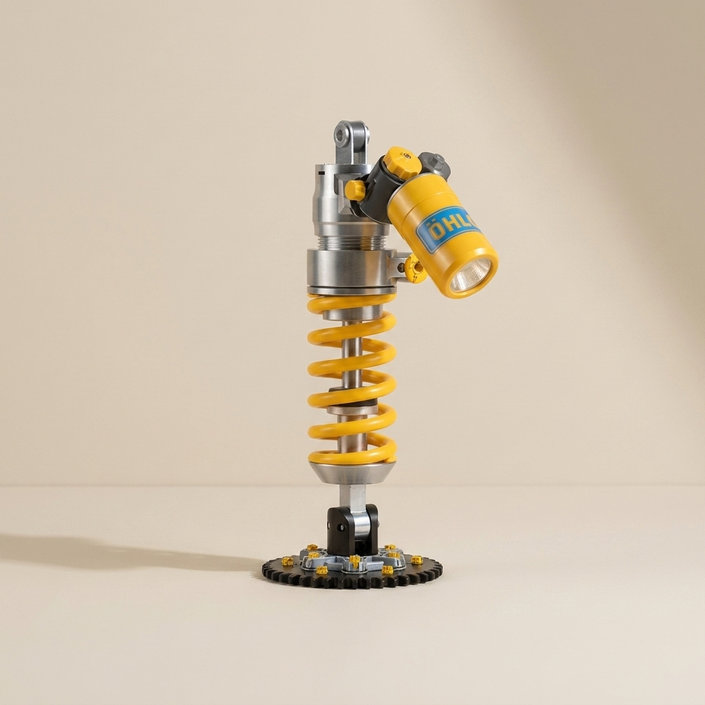 A miniature toy model of a shock absorber, featuring a bright yellow coil spring, a yellow cylindrical reservoir with a blue and white 'OHM' logo, and a black ground mount, set against a solid beige background.
