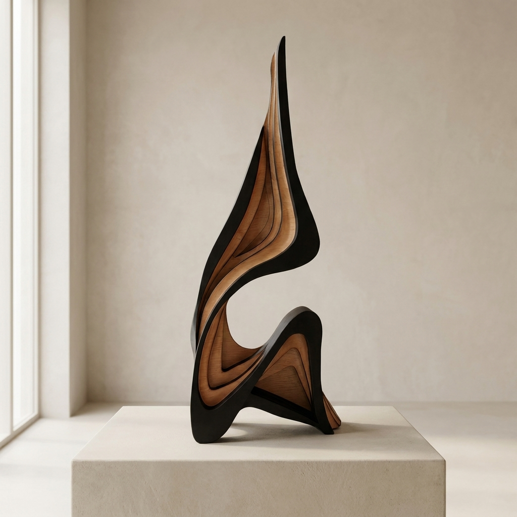 Abstract sculptural wall art with layered wavy forms in black and warm brown wood tones, displayed on a pedestal in a minimalist interior setting.