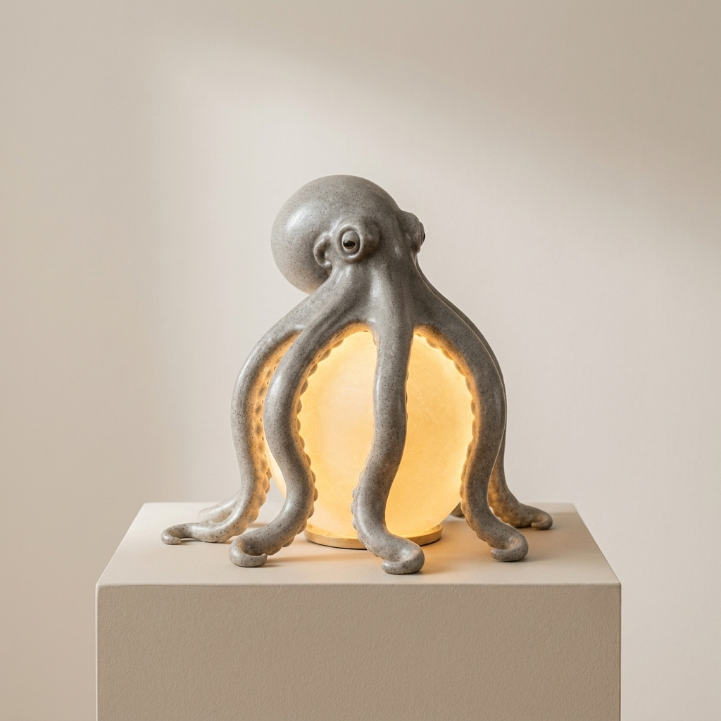 An octopus-shaped table lamp with a textured gray ceramic body and a glowing warm yellow light inside, displayed on a matching light gray pedestal against a neutral beige background.