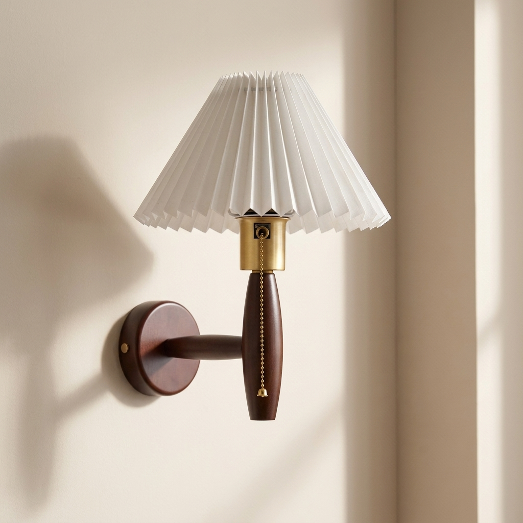 A wall-mounted sconce with a white pleated shade, a dark brown wooden stem, and brass metal accents, shown lit against a warm beige wall.