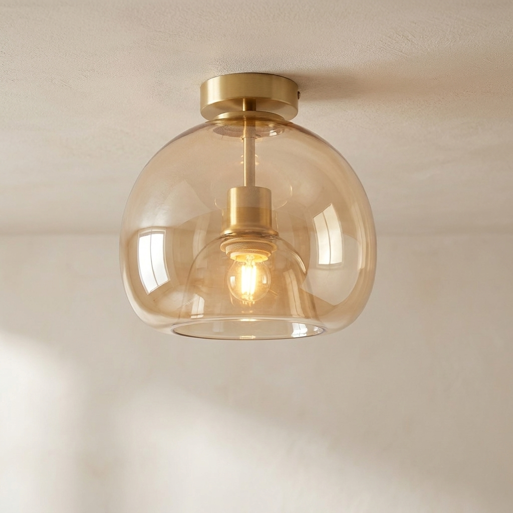 A modern semi-flush mount ceiling light with a large, rounded amber-tinted glass shade and a brushed brass metal fixture, shown illuminated against a neutral off-white ceiling.