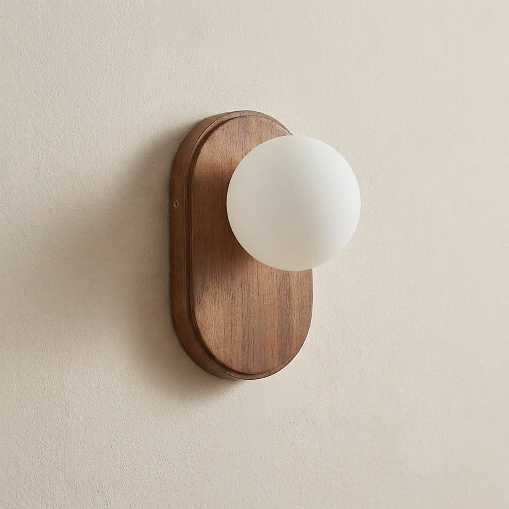 A modern wall-mounted light fixture with a rounded white glass globe shade and a curved medium-brown wooden backplate, shown mounted on a textured beige wall.