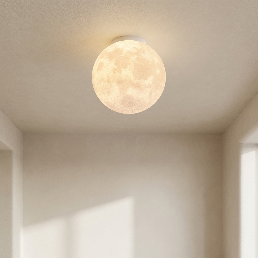 A spherical moon lamp glowing with warm light on a textured ceiling in a minimalist room.