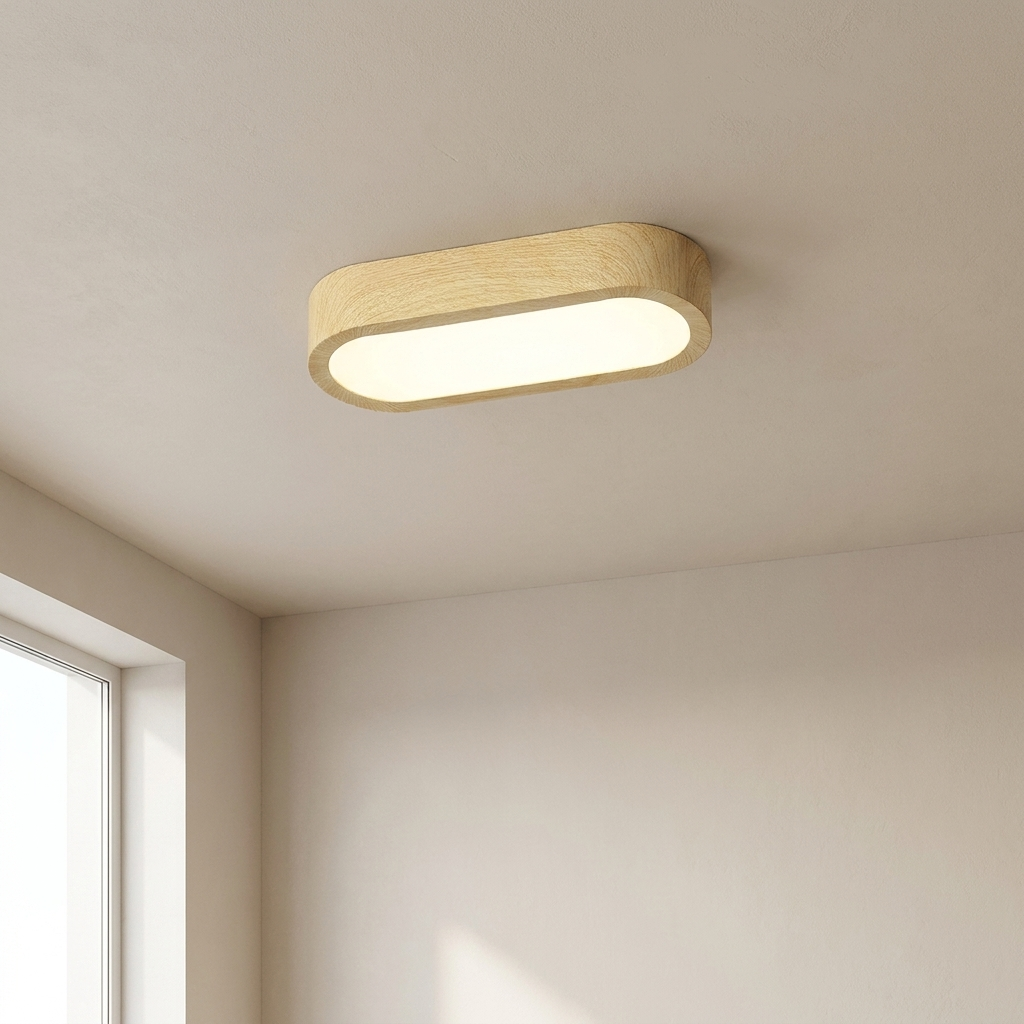 A modern oval ceiling light fixture with a light natural wood frame and a glowing white frosted glass shade, installed on a beige ceiling in a minimalist room.