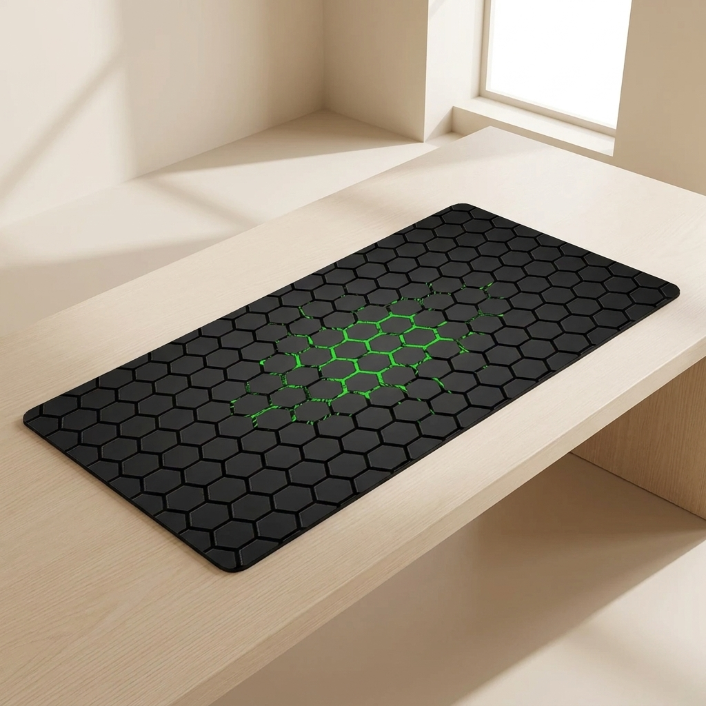 A rectangular black gaming desk mat with a green glowing hexagonal logo in the center, displayed on a light wood desk in a modern room setting.