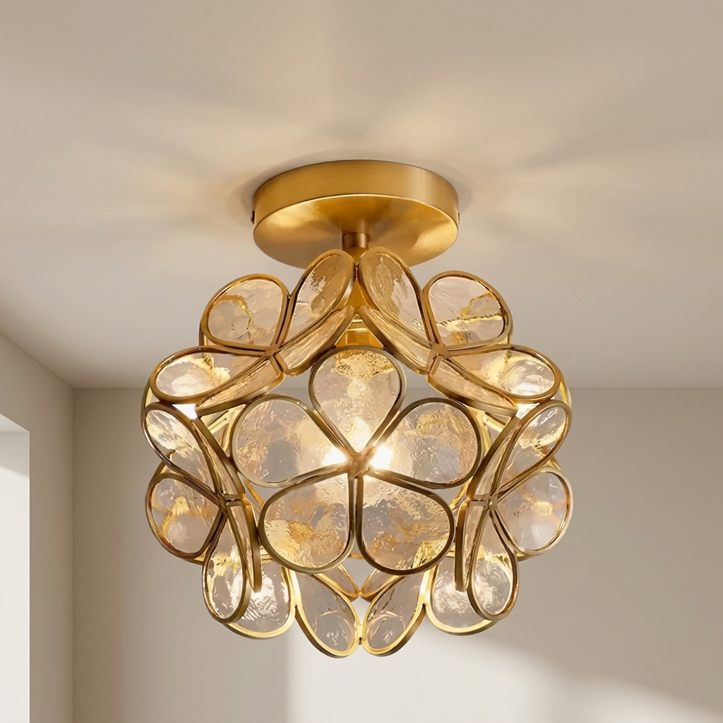 A modern semi-flush mount ceiling light fixture with a gold-finished metal frame and clear textured glass petal-shaped shades, shown illuminated in a warm light against a neutral wall.