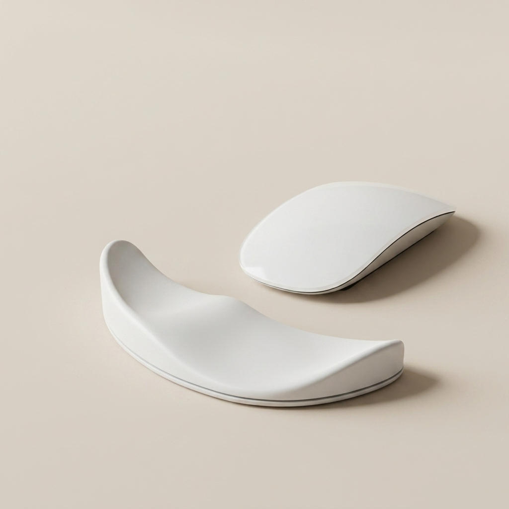 A white ergonomic wrist rest and matching mouse pad set on a warm beige background.