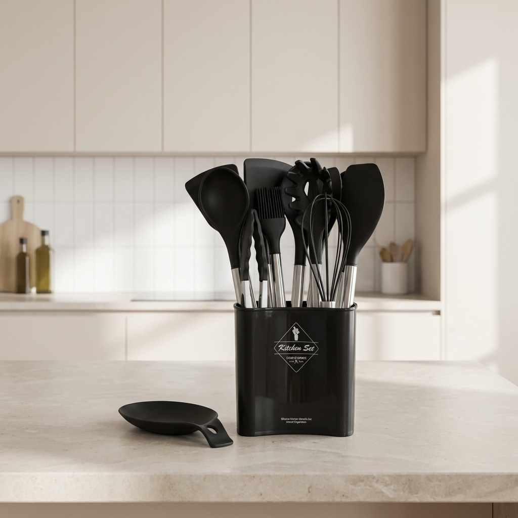 Black kitchen utensil set in a matching holder on a light countertop, with a matching black spatula placed beside the holder. The background shows a softly lit modern kitchen with cream cabinets and white tile backsplash.
