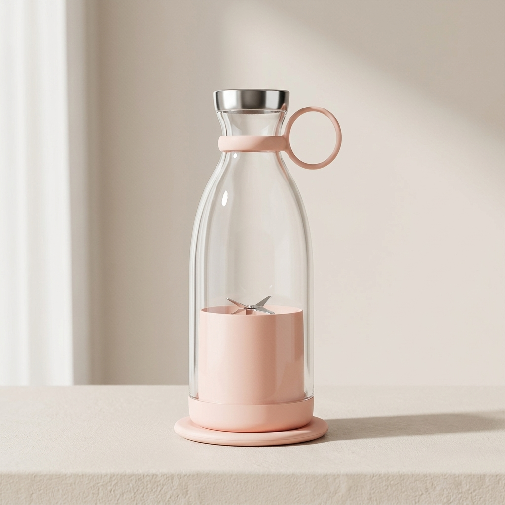 A clear glass bottle with a pale pink lid, handle, and inner container, shown on a light beige surface against a soft cream background.