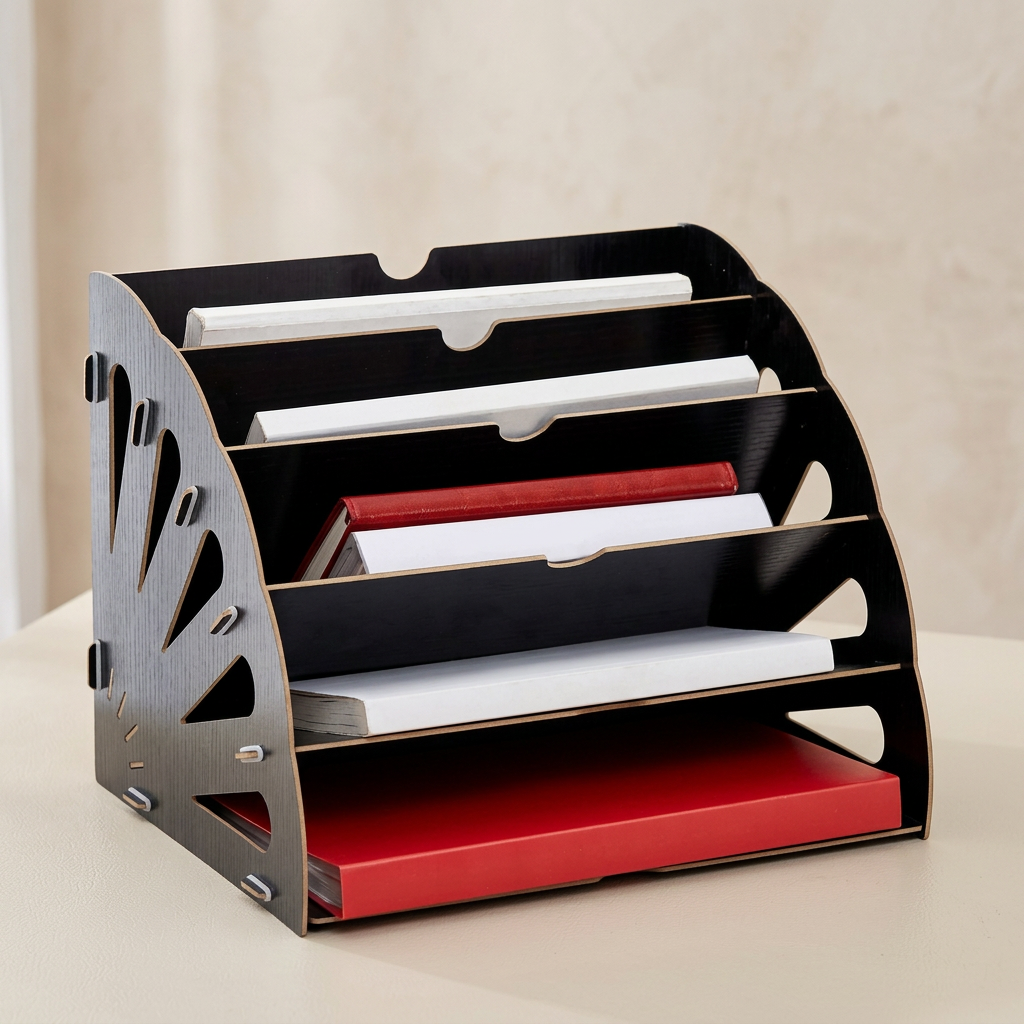 A black and silver metal document organizer with multiple angled shelves, shown holding white and red paper folders on a light beige tabletop against a neutral background.
