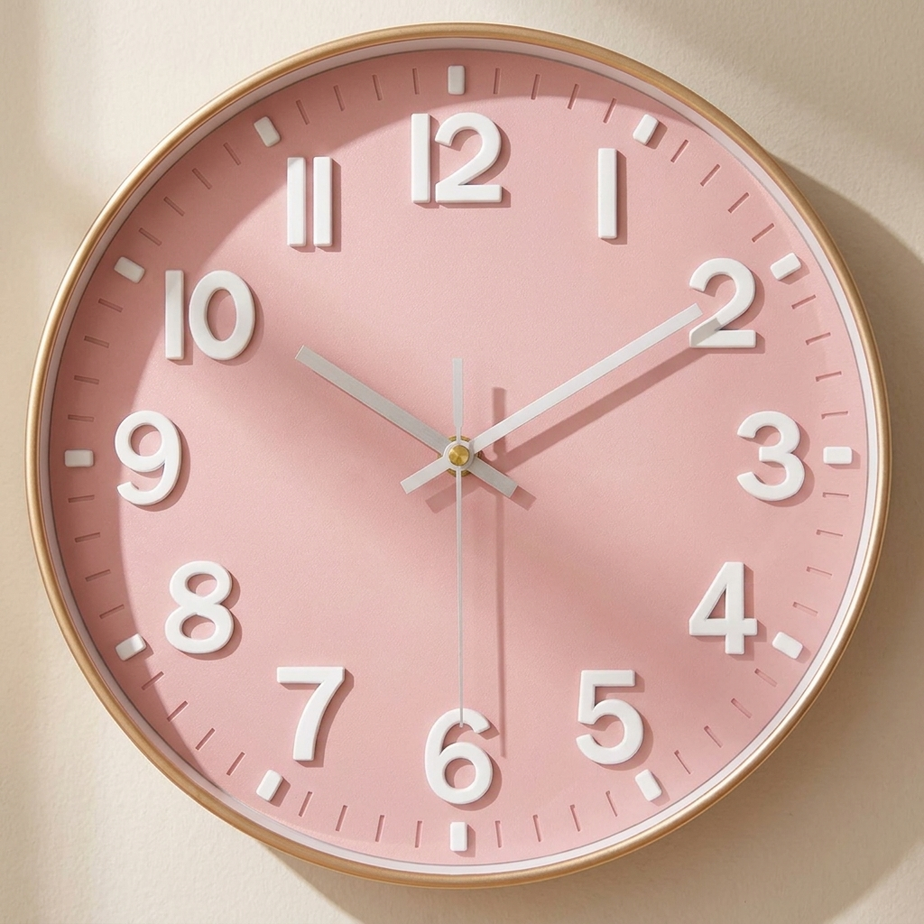 A round wall clock with a soft pink face, large white Arabic numerals, white hands, and a thin gold-toned outer rim, shown mounted on a light beige wall.
