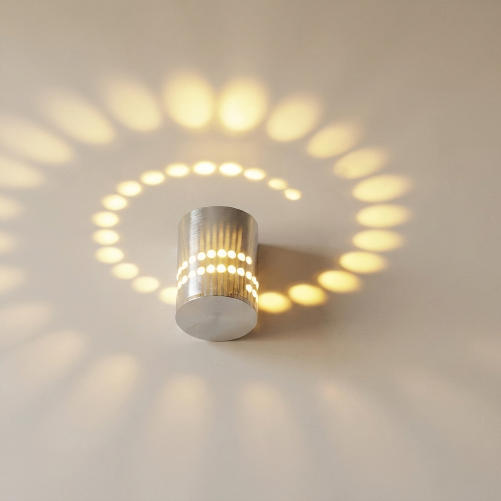 A modern cylindrical wall sconce with a brushed silver finish, casting a circular pattern of warm yellow light spots on a plain beige wall.