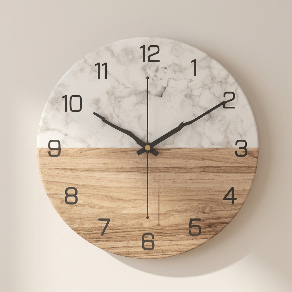 Round wall clock with a split design, featuring a white marble upper half and a natural wood lower half, with black Arabic numerals and black hands.