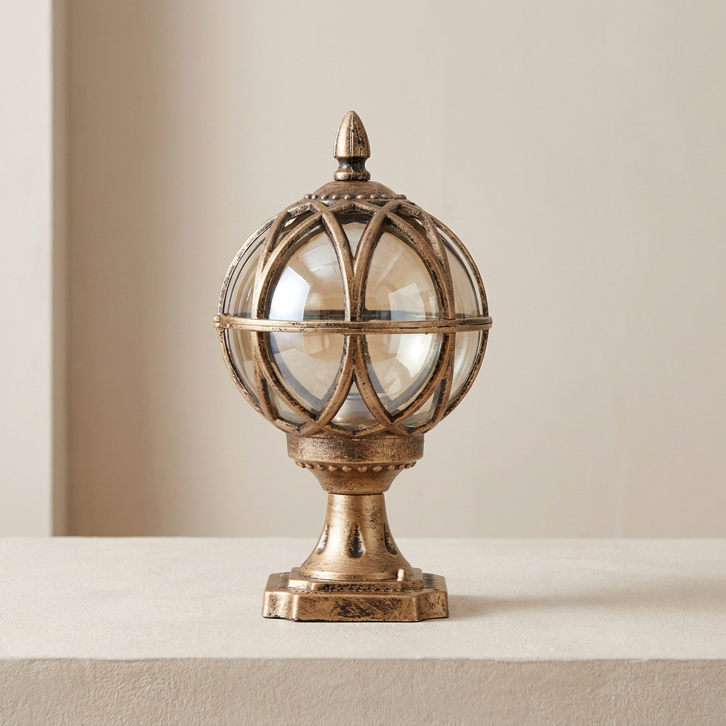 A decorative brass globe table lamp with a clear glass globe and ornate metal cage, set on a light beige surface against a neutral beige background.