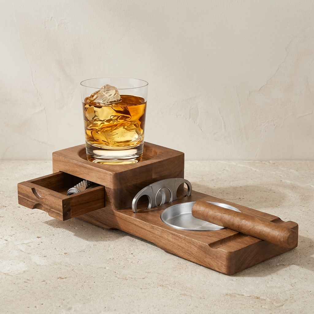 A wooden whiskey tumbler and cigar holder set on a light stone surface against a textured beige wall. The set includes a glass of amber whiskey with ice, a wooden tumbler base, a drawer with a metal shaker, a cigar cutter, a metal tin, and a cigar resting on a wooden handle.