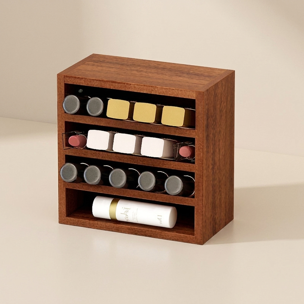 A small rectangular wooden organizer with three tiers holding cosmetic tubes and bottles, photographed on a clean warm beige studio background.