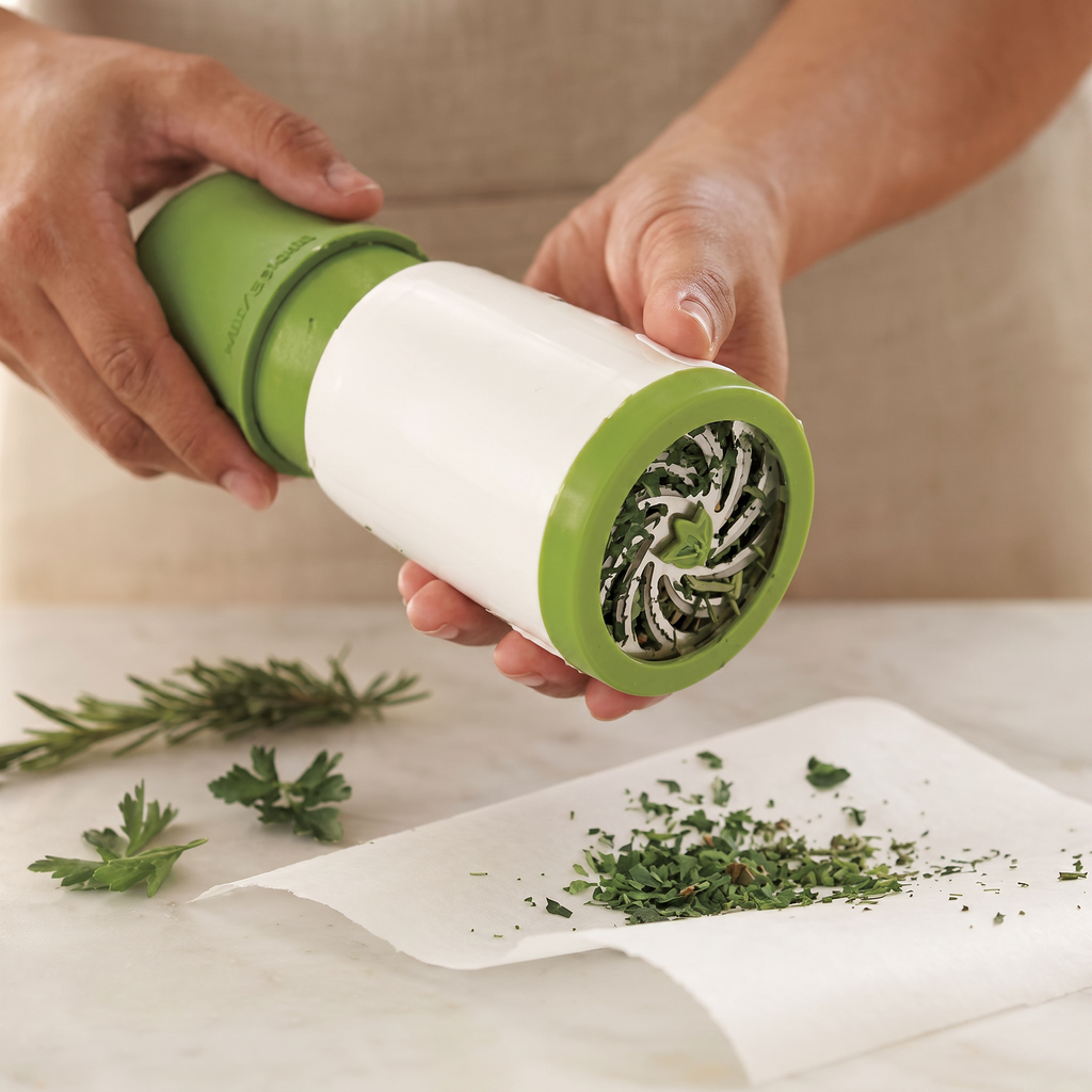 Green and white herb grinder with fresh herbs on a white surface