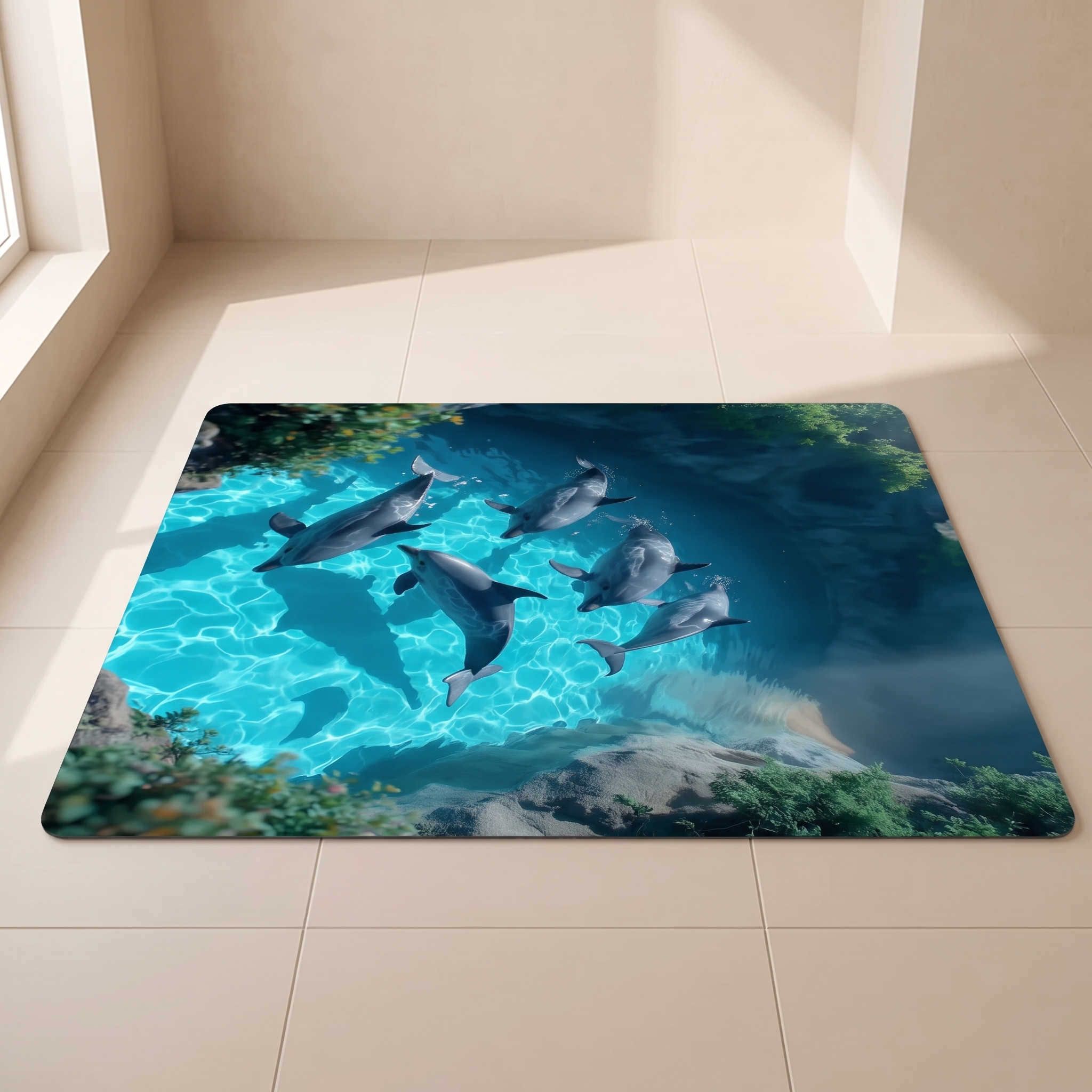 A rectangular floor mat with rounded corners lies on a light beige tiled floor in a sunlit room corner. The mat features a printed underwater scene with several dolphins swimming in bright turquoise water, dark blue water, rocks, and green seaweed.
