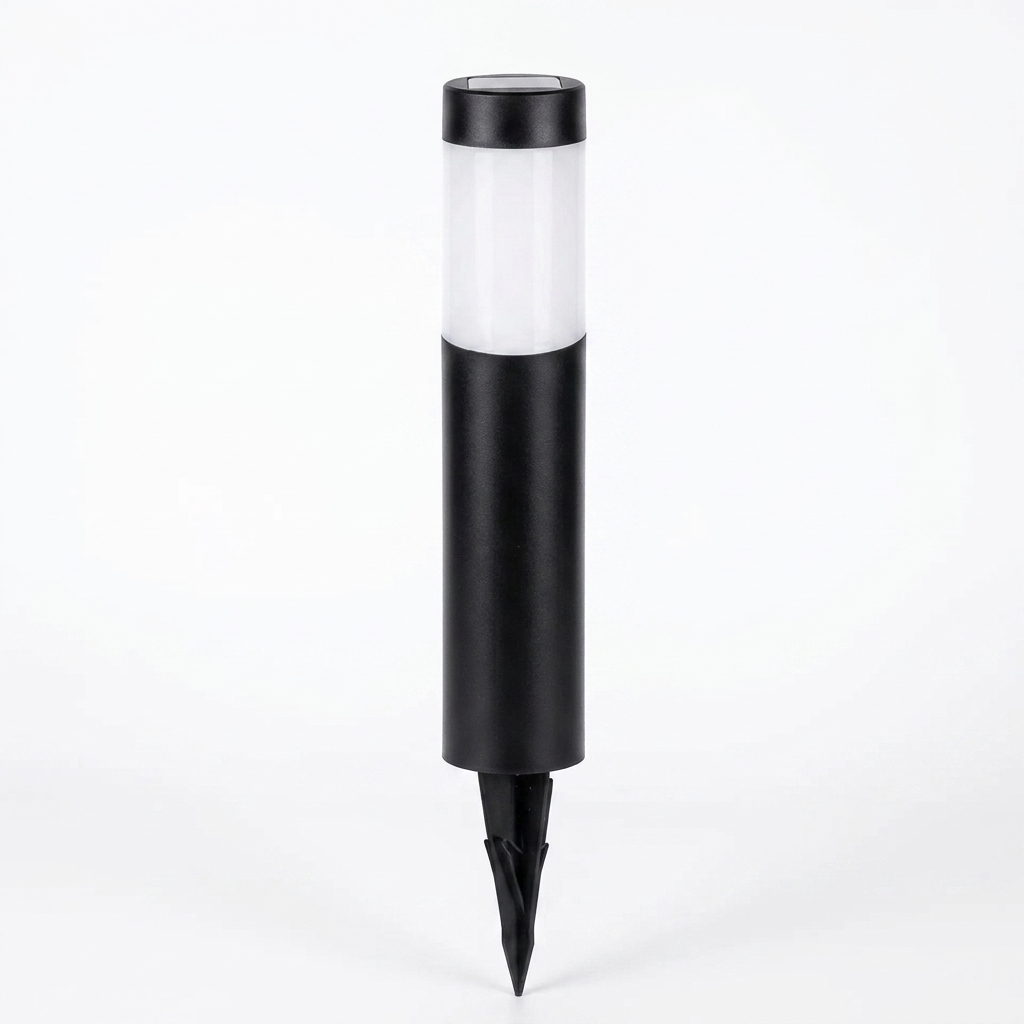 A modern solar-powered outdoor ground stake light with a matte black cylindrical body, a frosted white light panel, and a pointed stake, shown on a seamless white background.