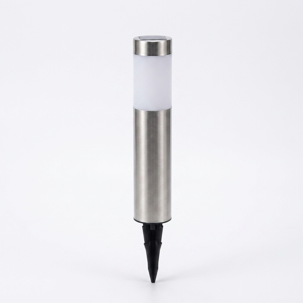 A solar-powered outdoor garden stake light with a brushed stainless steel body, a frosted white cylindrical light-up section, and a black ground stake at the bottom, shown on a clean white background.