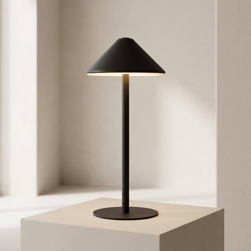 A modern black table lamp with a conical shade and cylindrical base, illuminated and placed on a light beige pedestal against a minimalist beige background.